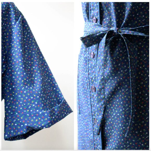 1970s Blue Multicolor Floral Print Short Sleeve Button Down Collar Shirt Dress - Picture 5 of 10